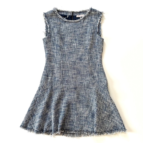Rebecca Taylor Blue Tweed Sleeveless Fringe Hem Fit & Flare Dress - Picture 1 of 6